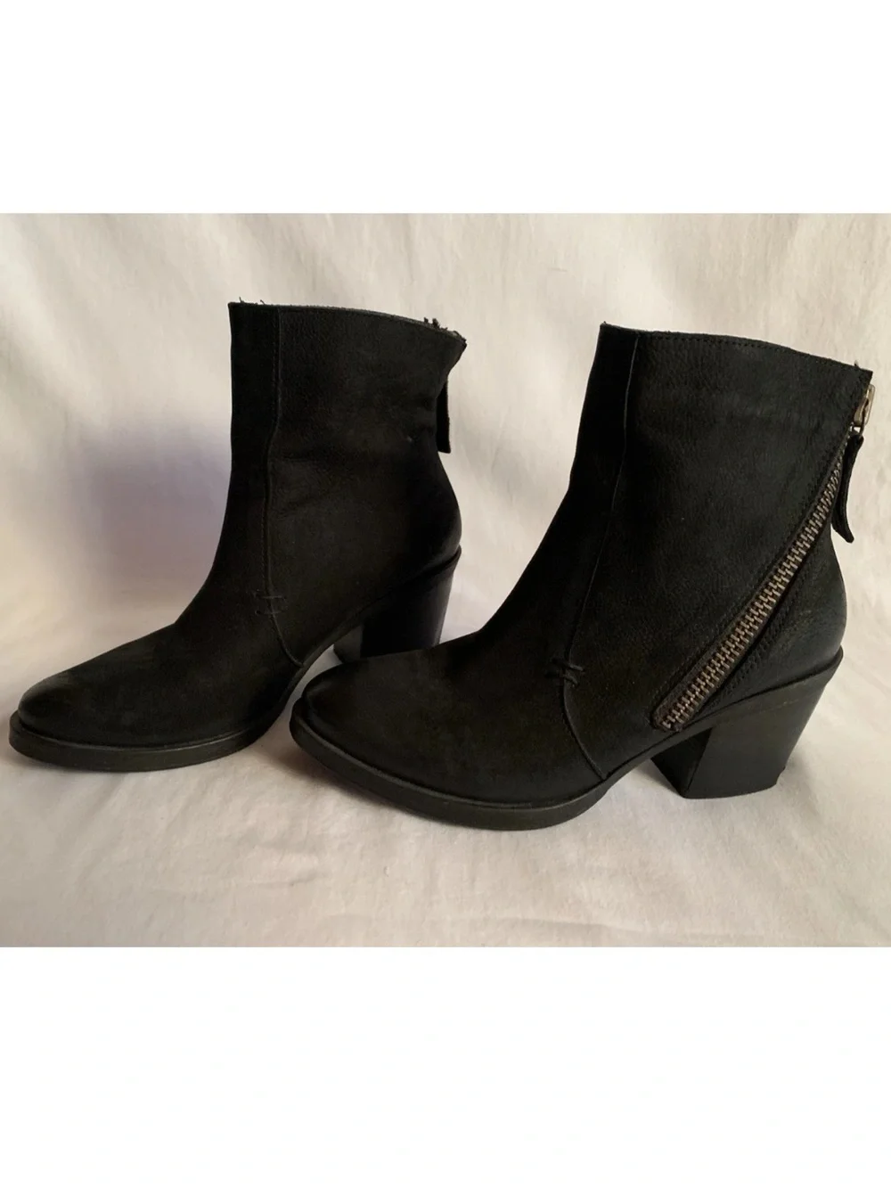 EUC ETHEM BLACK LEATHER SIDE ZIP CHUNKY HEEL ANKLE BOOTIES WOMENS EU36/US 5.5-6M